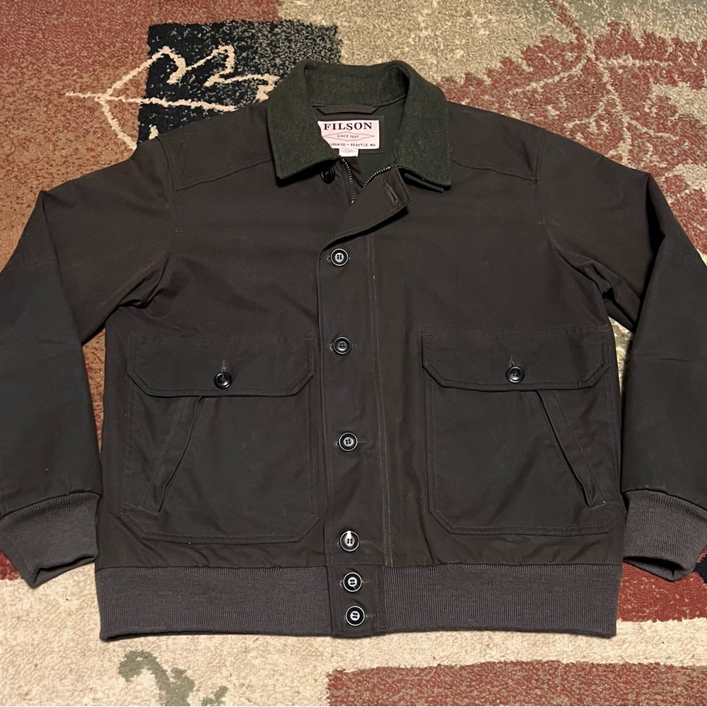 Filson Ranger Oil Cloth Bomber Jacket Men’s Large Orca Grey Made In USA **RARE**